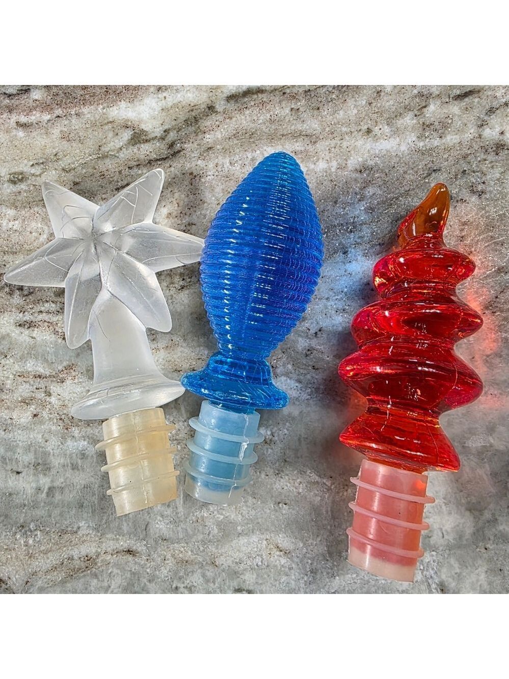 Colorful Acrylic Bottle Stopper Trio Star, Blue, & Red Spiral Set of 3 Patriotic